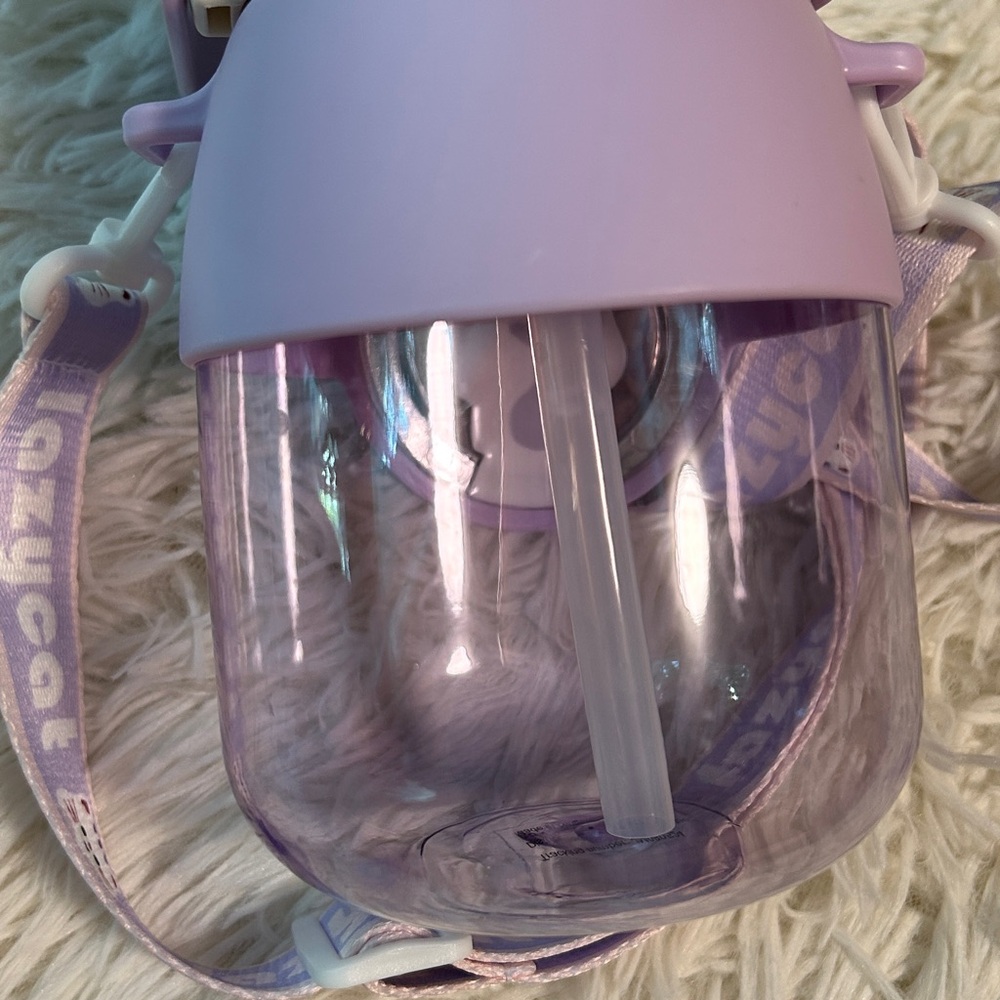 Cat Water Bottle 27oz. With handle and adjustable strap-Purple - White. Lazycat - Picture 6 of 12